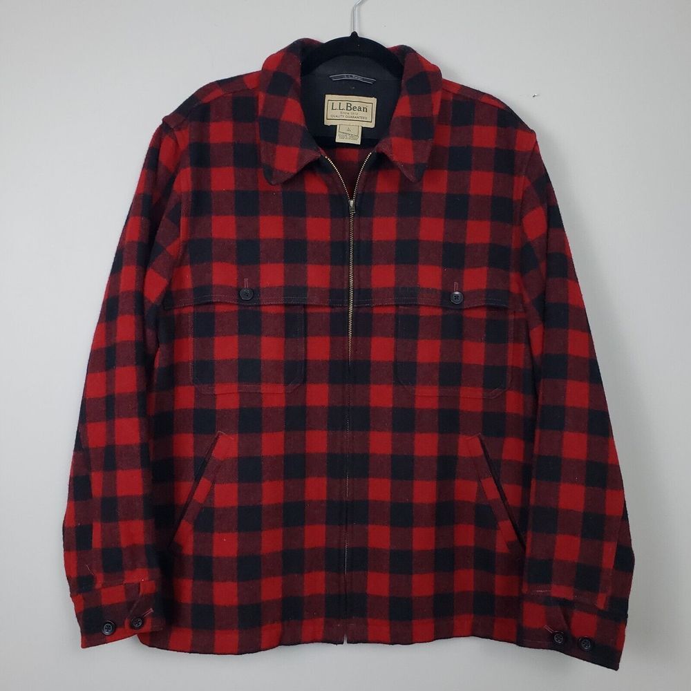 LL Bean Mens Mackinaw Wool Jacket Buffalo Plaid Red Zip Coat Large